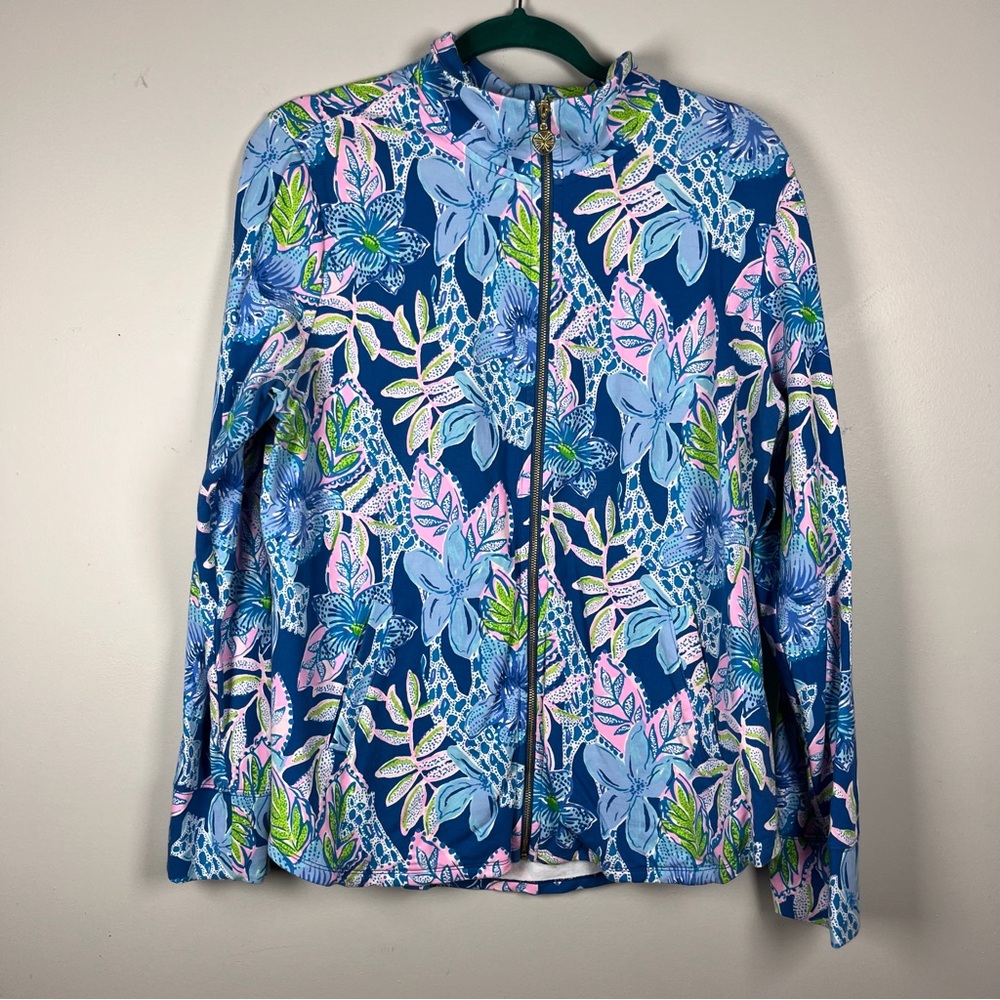 Lilly Pulitzer Leona Full Zip Sweatshirt Macaw Blue Tall Me All About It Large